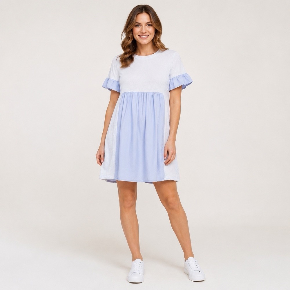 English Factory Mixed Media Dress Blue Babydoll Knit And Woven Large Coastal